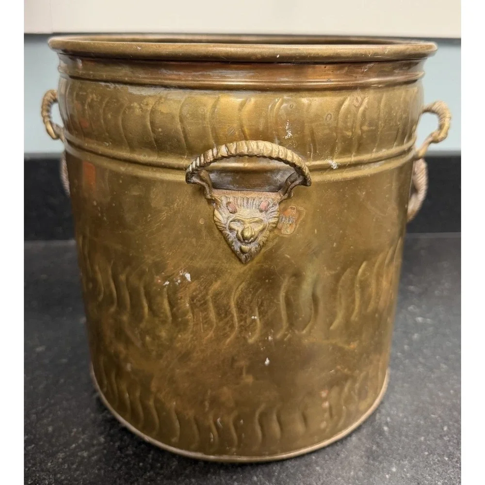 Vtg Brass Cachepot Jardiniere 4 Lion Elephant Head Ring Handles Planter 9